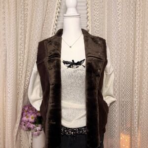 Brown Faux Fur Lined Suede Vest Outerwear Button Up
